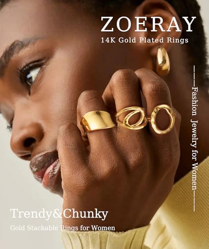 ZOERAY Chunky Gold Rings for Women Non Tarnish Trendy 14k Gold Plated Adjustable Signet Band Stackable Thumb Ring Set Open Twist Dome Statement Stacking Rings Jewelry Gifts for Women Size 5-10 - color: A.Interlock Statement Rings