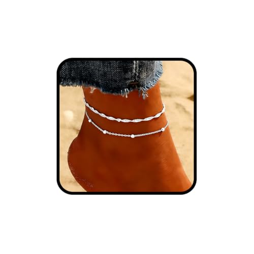 925 Sterling Silver Ankle Bracelets for Women 14K Gold Plated Layered Anklet Sets Dainty Heart Anklets Chain Waterproof Beach Foot Jewelry Gifts - style: Style2-Silver