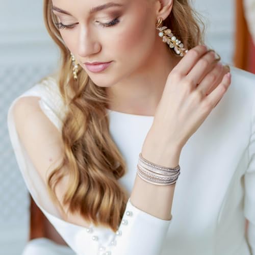 Fesciory Leather Wrap Bracelets for Women, Boho Leopard Multi-Layer Crystal Beads Cuff Bracelet Jewelry - color: Boho Braid(White)