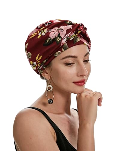ZLYC Chemo Headwear for Women Pre Tied Turban Headwear Lightweight Beanie Hat - color: Flowers Burgundy