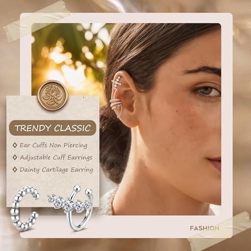 Florideco 4 PCS Ear Cuffs Non Piercing Hypoallergenic 14K Gold Plated Ear Cuff Earrings for Women Trendy CZ Clip On Cartilage Earring Set Dainty Adjustable Fake Piercings Earrings - color: CZ Chian: Silver Plated