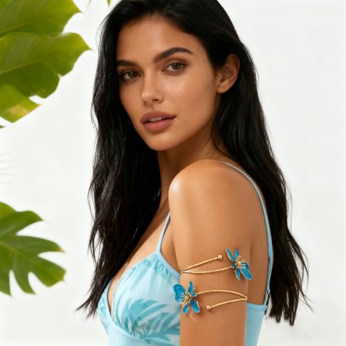 Arm Cuff Jewelry for Women Adjustable Flower Cuff Bangle Bracelet Gold Armband Upper Jewelry Gifts for Women Boho Western Accessories - color: A4:blue flower