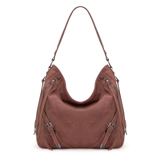 Wrangler Large Hobo Purses and Handbags for Women with Buckle and Fringe Zipper Faux Suede Shoulder Bag - color: Pink