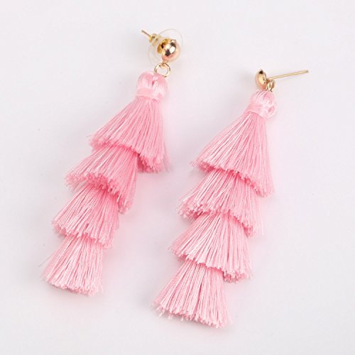 BaubleStar Tassel Earrings Handmade Tiered Thread Tassel Dangle Earrings, Multi Colors - color: Pink