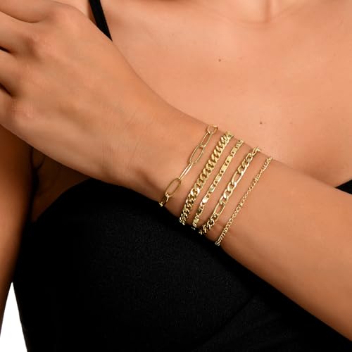 Dainty Gold Bracelets for Women, 14K Gold Plated Stackable Bracelet Set, Adjustable Beaded Cuban Paperclip Herringbone Figaro Snake Rope Chain Jewelry - style: Set3 Gold 5Pcs