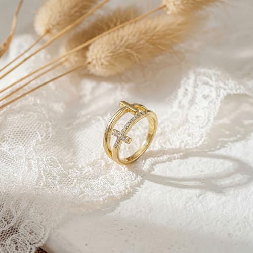 FISSEN JEWELRY Gold Rings for Women, Non Tarnish Dainty 14k Gold Plated Silver CZ Cross Ring Cute Cubic Zirconia Pinky Thumb Stackable Band Silver Finger Rings Size 6-10 Jewelry for Her - color: Gold Diamond Cross