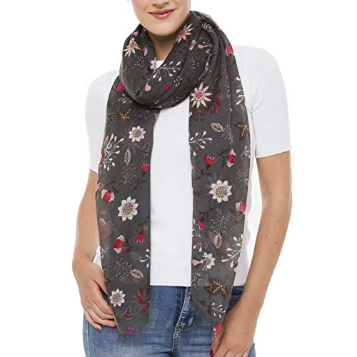 MELIFLUOS DESIGNED IN SPAIN Scarf for Women Lightweight Floral Flower Scarves for Summer Fall Shawl Wrap - color: Barcelona Collection 5 - Gray Cute Flower