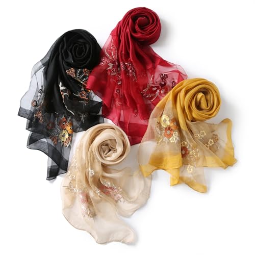Jeelow Silk Blend Floral Fashion Scarf Shawl Wrap Lightweight Sheer For Women Floral Embroidery Wedding Party Prom - color: Petal Golden Honey