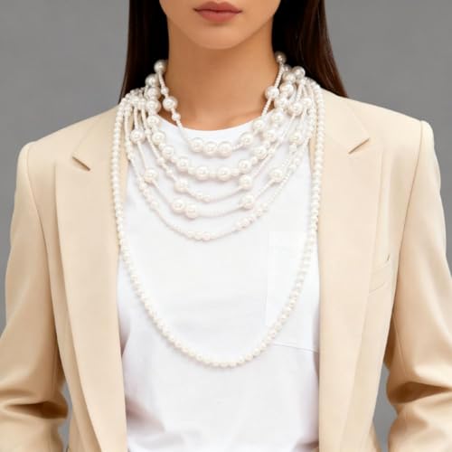 Layered Pearl Necklaces for Women Big Pearl Long Chain Necklace Dainty Faux Pearl Necklaces Statement Sweater Strand Chain Jewelry - style: SetB