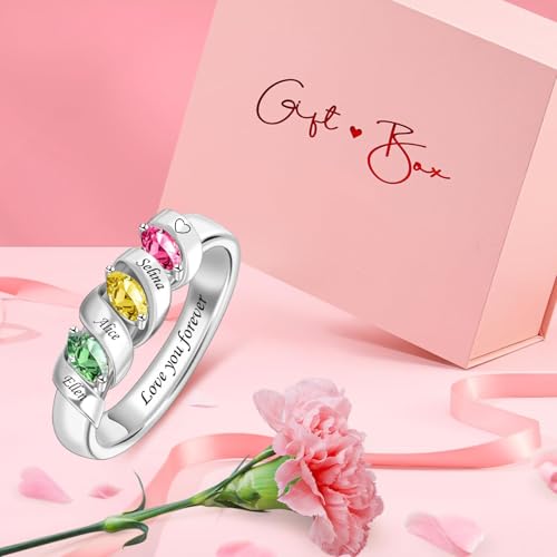 MissNaNa Mothers Ring With 1/2/3/4/5/6 Birthstones Personalized Engraved Name Rings for Women Stacking Birthstone Ring for Mom Grandma Daughter Wife Birthday Christmas Gift - color: 3 Stones