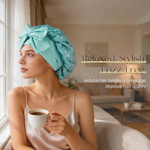 ZIMASILK 100% Mulberry Silk Bonnet for Sleeping Women Long Hair Double Layer Silk Hair Wrap with Tie Band Stay On Head (1Pc, Star Pattern) - color: Star Pattern