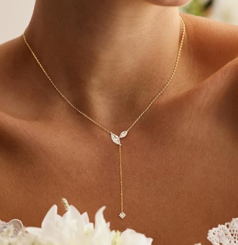Gold Necklace for Women - Dainty Long Lariat Necklace 14K Gold Plated Clover Star Teardrop CZ Y Shaped Drop Necklaces Cute Long Necklaces for Women Trendy Prom Formal Womens Jewelry - color: Gold-PJ Drop