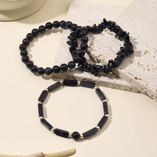 3Pcs Natural Stone Bracelets for Women 8mm Crystal Beaded Bracelets Handmade Stretch Bracelet Healing Crystal Jewelry for Women - style: Blue Sandstone