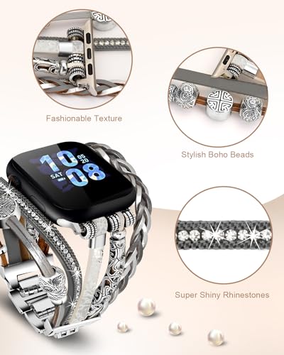 Boho Bracelet Compatible with Apple Watch Band 38mm Women, 40mm 41mm Bands for Apple Watch, Multilayer Leather Wrap Braided Strap for iWatch Series 11/10(42mm)/9/8/7/6/5/4/3/2/1/SE - color: A-Silver Gray, size: 42(series 11/10)/41/40/38mm