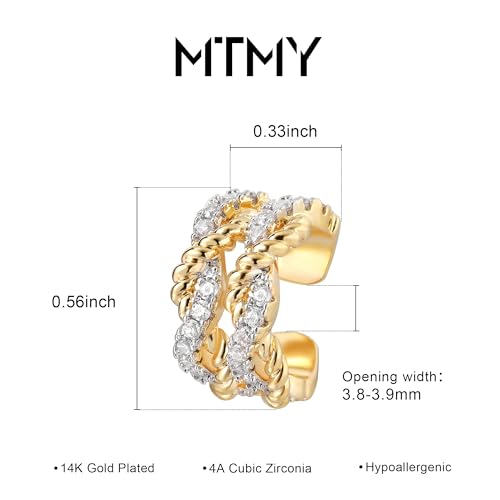 MTMY Gold Ear Cuff Earring for Women 14K Gold Plated Cubic Zirconia Non-Pierced Clip on Cartilage Chunky Ear Cuffs Hypoallergenic Jewelry - style: 2rope / pair