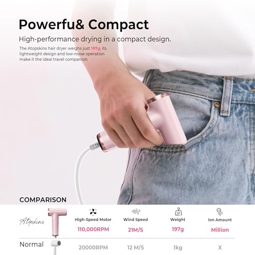 Mini Hair Dryer, 4-Temp High Speed Ionic Hair Dryer, 2-Speed Lightweight Portable Small Hair Drye, 110,000 RPM Hair Blow Dryer Travel Blow Dryer - color: Pink