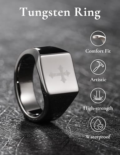 King Will Men's Tungsten Signet Rings Thumb Pinky Biker Band Ring For Men High Polished Plain Wedding Statement Ring Comfort Fit Size 7-12 - color: Cross-Silver