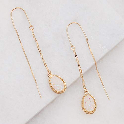 Simulated Druzy Threader Earrings for Women - Gold, Silver, or Rose Gold Tone Long Chain Earrings with Boho Created Geode Stone - color: Gold - White Created Opal