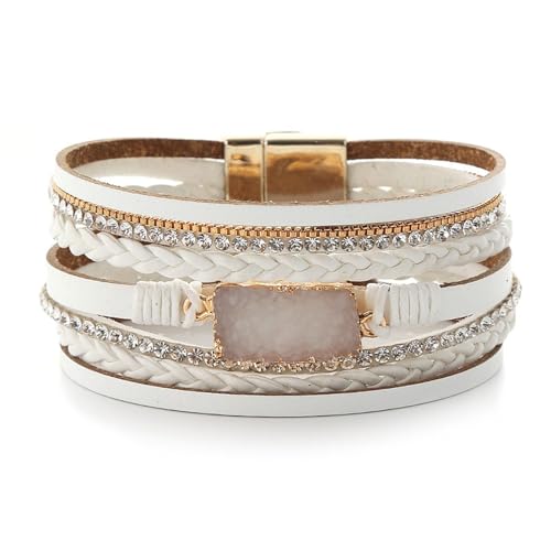 Long tiantian Leather Wrap Bracelets Boho Bracelets for Women Rhinestone Leather Bangles Boho Western Outfit Accessories Jewelry Gifts - color: white