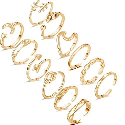 Honsny 12PCS Silver Plated Rings Adjustable Open Rings for Women Cute Gold Plated Stackable Thumb Rings Joint Chain Midi FingerArrow Knot Wave Band Rings Set - color: 12PCS Silver B