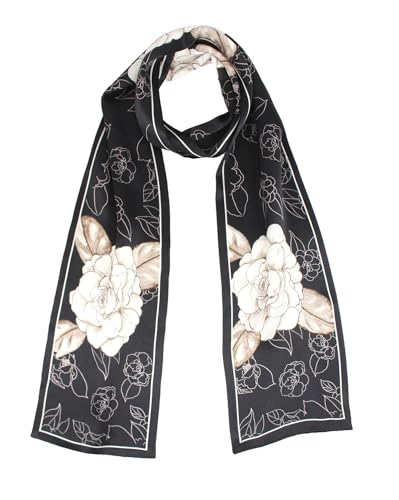 ANDANTINO 100% Silk Scarf for Women 59”*6.3” Long Shawls for Headscarf and Neck- Oblong Hair Wraps with Gift Packed - color: Black&white Camellia Flowers