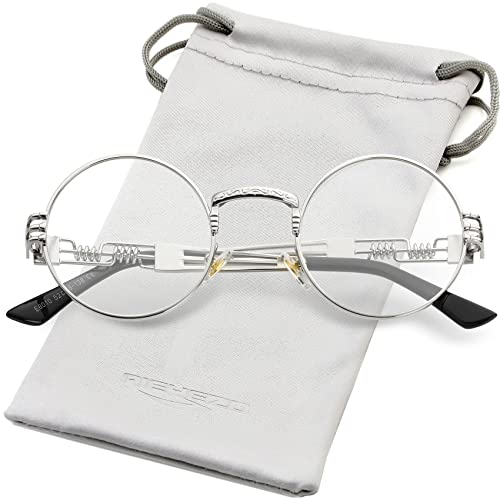 AIEYEZO Round Steampunk Sunglasses for Men Women Retro Circle Hippie Glasses Metal Frame 100% UV Blocking Lens - color: Silver/Clear