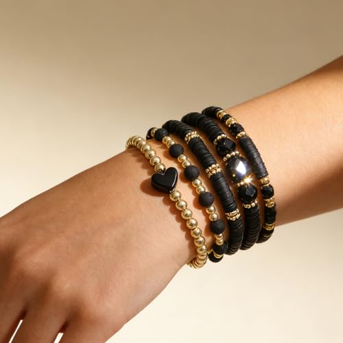 Alegend Titanium Steel (Not Rust, Resist Corruption, Easily Clean) 18K Gold Plated Single Bracelets + 14K Gold Plated Stackable Multilayer Bracelets - style: 14K Gold Plated Black Beaded