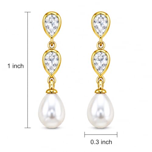 Pearl Earrings for Women, 14k Gold Plated Trendy Diamond Pearl Drop Earrings Hypoallergenic Dainty Bridal Gifts Wedding jewelry for Women - color: E- Gold