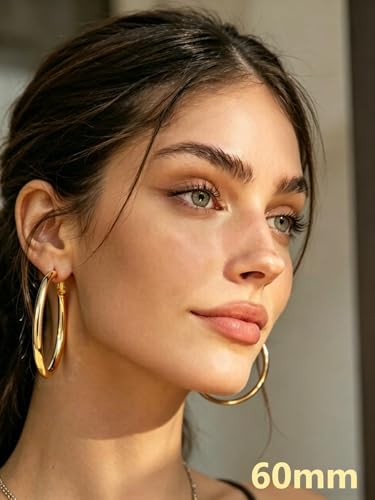 Bestyle 5mm Thick Gold Hoop Earrings Hypoallergenic Hoops for Sensitive Ears Trendy Lightweight Chunky Earrings for Women 30/40/60/80mm - color: 01-Gold, size: 60mm