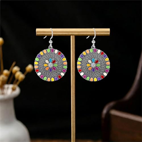MALOYANVE Vintage Boho Circular Flower Dangle Earring, Handmade Bronze Tribal Round Enamel Floral Drop, Bohemian Ethnic Statement Jewelry Gift for Women - color: Silver Muticolor