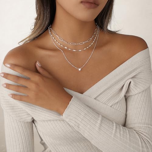 Layered Gold Necklace for Women Trendy 14K Gold Plated Heart CZ Pendant Layered Gold Necklaces Set Coin Choker Necklaces Simple Circle Cubic Zirconia Pearl Necklace Stack Herringbone Paperclip Chain Jewelry Set - style: 3PCS-Paperclip chain zircon-SL