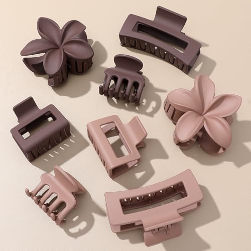 8 Pcs Neutral Matte Hair Claw Clips Set, Strong Hold Non-Slip Jaw Clips for Women Girls, Rectangle & Flower Design Hair Clips for Thick/Thin Hair, Daily & Styling Accessories（Coffee Red） - color: Coffee Red