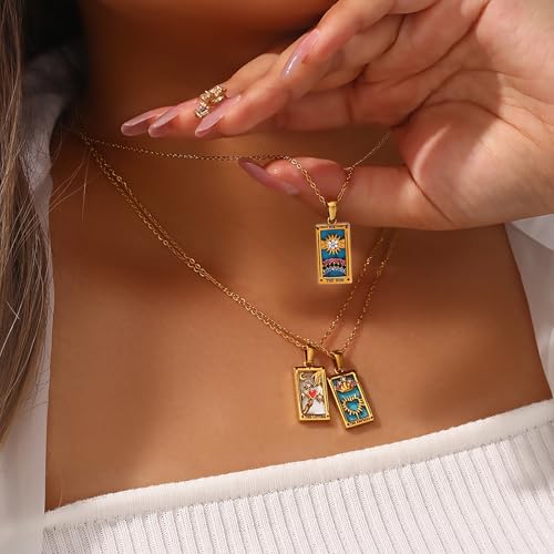 ORIGENCE 18k Gold Plated Tarot Cards Pendant Necklace - Vintage Colorful Charm Necklace Lucky Talisman Hypoallergenic for Women and Men Gift - style: The Sun