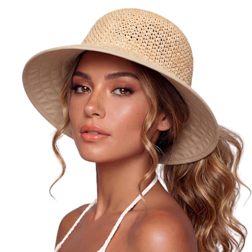 TOP-EX chicpony™ Cooling UPF 50+ Wide Brim Beach Hand Crochet Straw Hat - color: Natural, size: Medium