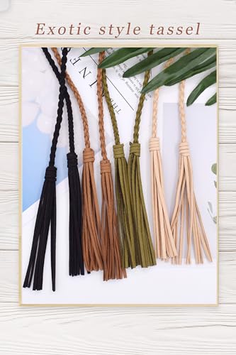TeeYee Waist Belt Woven Knitted Rope/Chain PU leather 3 Pieces Tassel Rope Skinny Belt - color: 100blackkhakicoffee