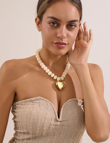 WOWORAMA Chunky Heart Necklaces for Women Colorful Resin Beaded Choker Necklace Gold Puffy Heart Statement Necklace Trendy Acrylic Choker Jewelry - color: Cream-White