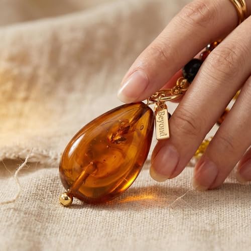 Boho Beaded Pendant Long Necklace for Women - Western Mixed Metal Necklace Style Jewelry Gift - color: Amber Tear