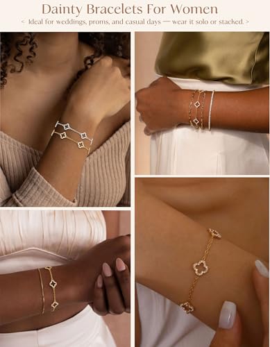 Dainty Silver Gold Bracelets for Women Trendy Non Tarnish 14K Gold Plated Cute Clover Bracelet Stackable Daisy Cubic Zirconia Diamond Charm Bracelet Stack Waterproof Jewelry Gifts - color: B- CZ Clover Bracelet- Gold