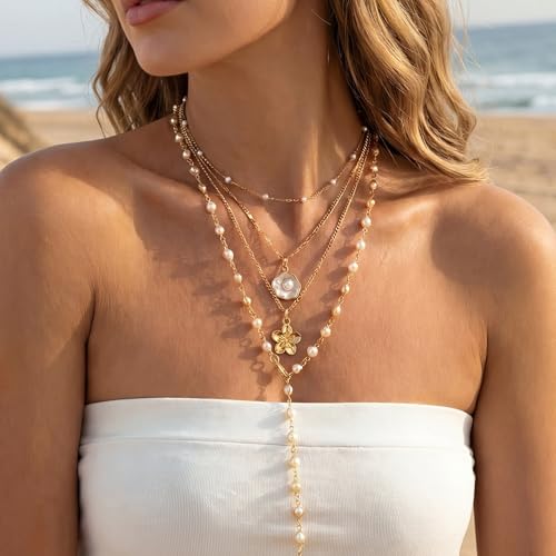 Shell Starfish Necklace for Women, Gold Plated Boho Layered Pendant Necklace with Pearl Conch Charm, Dainty Coastal Summer Beach Vacation Jewelry Gifts - style: Pearl 4Pcs