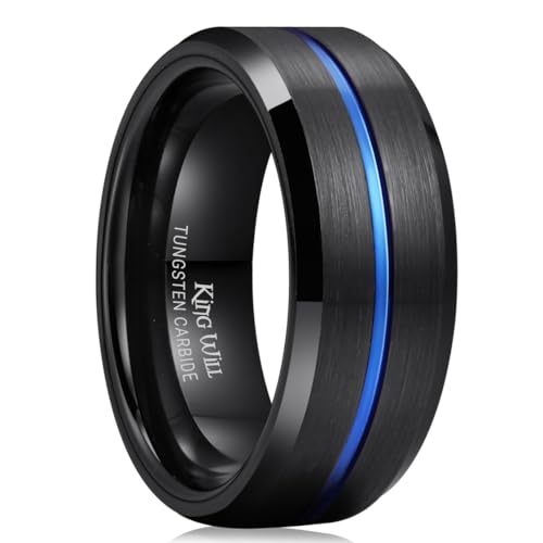 King Will Mens Tungsten Rings for Men Two Tone Grooved Mens Wedding Band Cool - color: Black & Blue 8mm