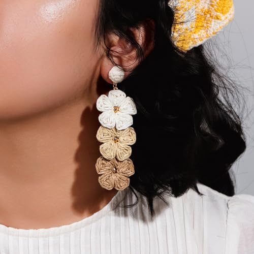Boho Flower Earrings Statement Raffia Dangle Earrings Cute Floral Jewelry Trendy Summer Beach Vacation Outfits for Women - color: Ivory/Wheat