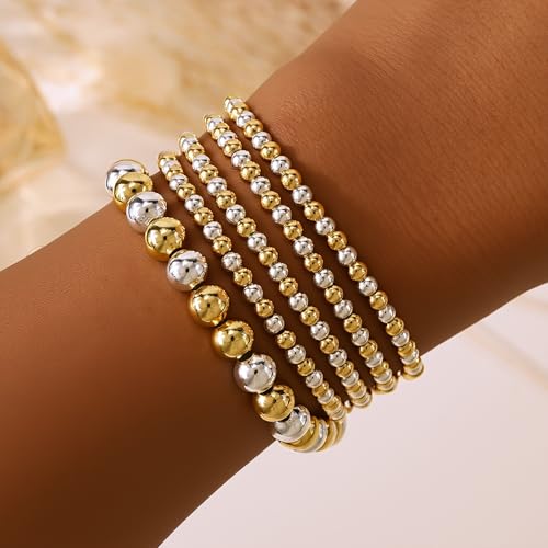 Gold Bracelets for Women Stackable 14K Gold Silver Plated Beaded Bracelets Stack Elastic Stretch Non Tarnish Bead Ball Stack Stretch Adjustable Dainty Jewelry Trendy Prom Gifts for Women - color: Gold and silver