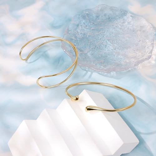 2Pcs Gold Arm Cuff for Women Adjustable Arm Cuff Bracelet Minimalist Open Coil Upper Arm Band Cuff Bangle Set - style: Gold C