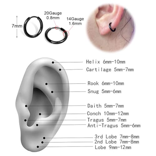 1 Pair 7mm Black Earrings for Men Women, 316L Surgical Stainless Steel Small Hoop Earrings Hypoallergenic Non Tarnish Cartilage Hoop Earrings for Multiple Piercing Huggie Hoop Earrings (Black/1.6mm) - color: Black, size: 7mm (Thickness: 1.6MM)