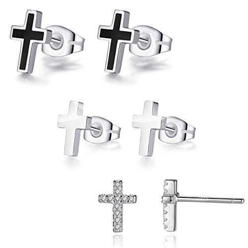 REVEMCN 925 Sterling Silver and Stainless Steel Cross Stud Earrings for Women Men, 3 Pairs - color: 3 Pairs