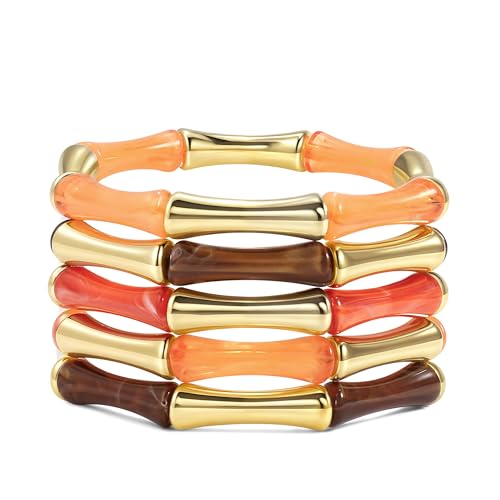 Gold Tube Bangle Bracelets for Women Stackable Bamboo Chunky Acrylic Beads Stretch Friendship Summer Beach Bracelet Jewelry - color: Colorful 03