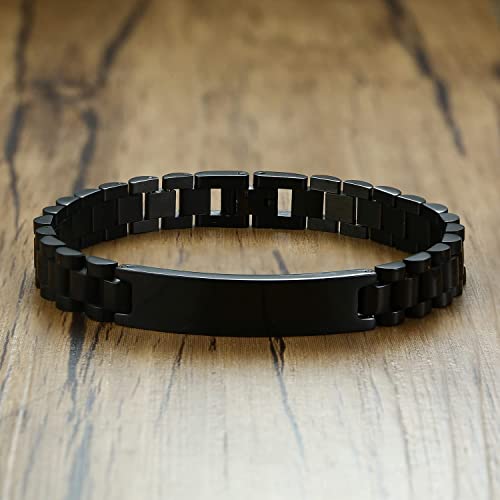 Custom Mens Bracelet Personalized Watch Band Engraved Name Bracelets for Men Customized ID Cuff Wristband Gift for Dad Husband - style: Black0 - 1.0cm