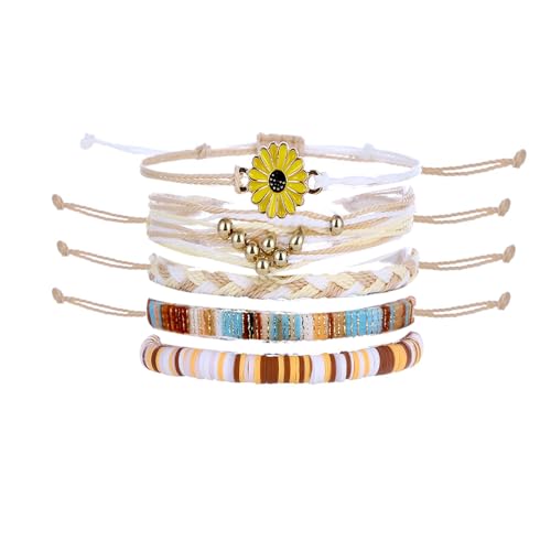 Beach Summer Ankle Bracelet for Women Handmade Braided Adjustable String Anklets Waterproof Surfer Bracelet - color: flower/brown