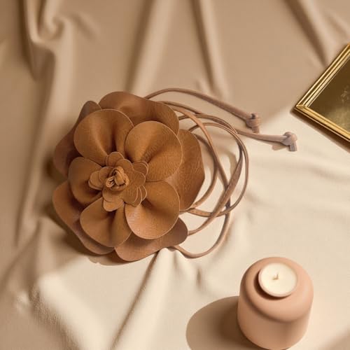 Boho Big Flower PU Leather Waist Belt Chain for Women Rose Floral Camellia Long Tassel Adjustable Waist Band Jewelry - color: Light Camel
