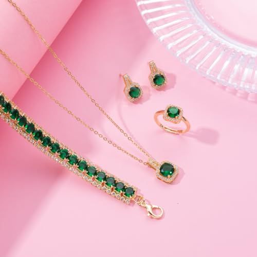 Paxuan 4pcs Cubic Zirconia Wedding Jewelry Sets for Bride Bridesmaid Cubic Zirconia Pendant Necklace Earrings Link Tennis Bracelet Open Ring Set for Women - color: Gold Plated Emerald Cubic Zirconia